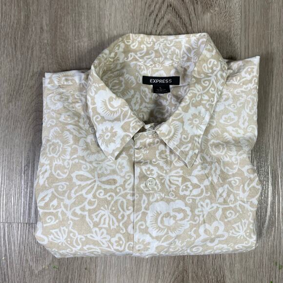 Express Men’s Paisley Button Down Dress Shirt Large 100% Cotton Beige White - Picture 9 of 9